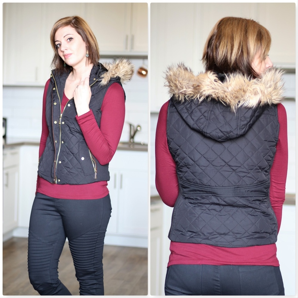 Faux Fur Trimmed Black Quilted Vest - Picture 3 of 6